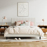 LUBEDCY Full Size Upholstered Platform Bed Frame, Modern Beige Fabric Bed with Vertical Tufted Headboard, No Box Spring Needed, Sturdy Slat Support for Bedroom, Easy Assembly(Beige, Full) LUBEDCY