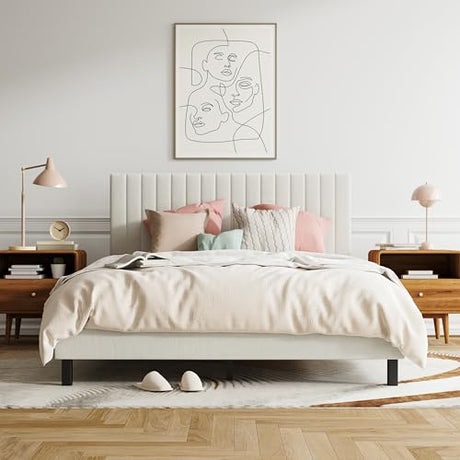 LUBEDCY Full Size Upholstered Platform Bed Frame, Modern Beige Fabric Bed with Vertical Tufted Headboard, No Box Spring Needed, Sturdy Slat Support for Bedroom, Easy Assembly(Beige, Full) LUBEDCY