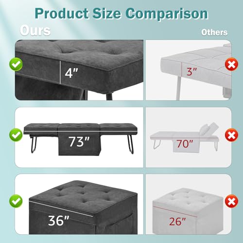 HYDRAGARDEN Convertible Sofa Bed, 4 in 1 Multi-Function Folding Ottoman Bed with Adjustable Backrest, Modern Pull Out Sleeper Chair for Living Room Apartment Office (Gray, 36" Width-Large) HYDRAGARDEN