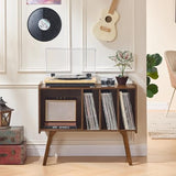 Lerliuo Record Player Stand with 4 Cabinet Holds Up to 220 Albums, Large Turntable Stand with Beech Wood Legs, Mid-Century Record Player Table,Retro Brown Vinyl Holder Storage for Bedroom Living Room Lerliuo