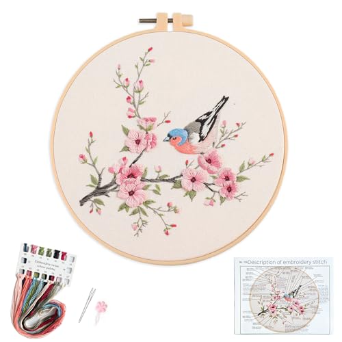 Silentsea Bird & Pink Blossoms Embroidery Kit – All-Inclusive DIY Cross Stitch Set with Pre-Printed Fabric, Threads, Needle, and Hoop for Adults – Perfect for Craft Lovers & Relaxation