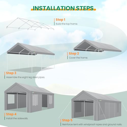 COBIZI Carport Canopy 12x20 Heavy Duty Portable Garage with Removable Sidewalls & Doors, Car Port Canopy Tent with Built-in Sandbags & All-Season Tarp for Car Boat Truck, Gray COBIZI