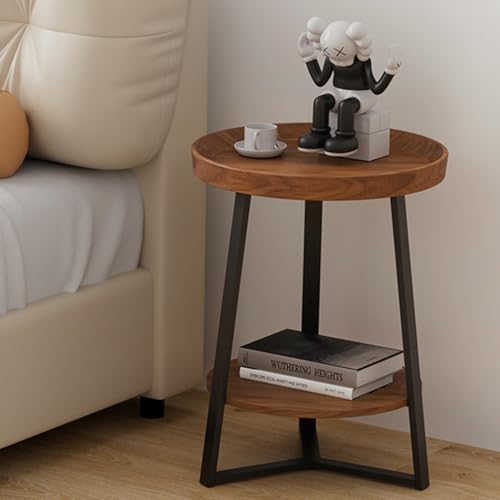 Gadroad Round End Table with Storage Shelf, 2 Tier Farmhouse Side Table Nightstand for Living Room, Bedroom, Wood Tabletop & Black Metal Frame, Brown 15.7 * 15.7 * 23.0inches Gadroad