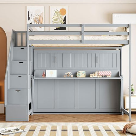 Merax Full Over Full Size Murphy Bed with Hydraulic Lift and Built-in Desk, Space-Saving Wall Bed with Desk Design, Ideal for Home Office, Small Rooms, or Apartments, Gray Merax