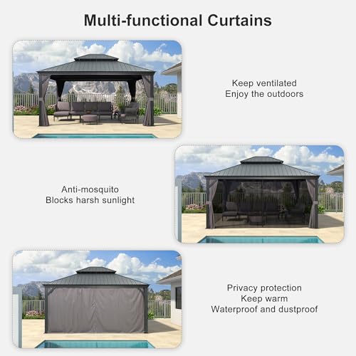 PURPLE LEAF 11' X 14' Hardtop Gazebo with Light Galvanized Steel Double Roof Outdoor Gazebo for Patio Lawn and Garden Curtains and Netting Included Grey - WoodArtSupply