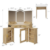 ZKIODV Corner Vanity Desk with 3 Way Mirror & LED Lights, Makeup Table Set with Charging Station, Storage Drawers & Cabinets, Modern Dressing Table with Stool for Bedroom, Women & Girls Gift (Oak) ZKIODV