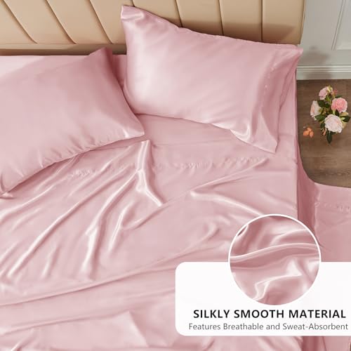CozyLux Satin Sheets Full Size Sheets - 4 Piece Silky Full Size Bed Sheets, Luxury Dirty Pink Full Bed Set with Smooth and Soft Microfiber, Includes 1 Fitted Sheet, 1 Flat Sheet and 2 Pillowcases CozyLux