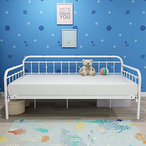 HOMERECOMMEND Multi-Purpose Metal Daybed Frame Heavy Duty Metal Slats Sofa Bed Platform Mattress Foundation Economic Day Bed White Color Twin Size. HOMERECOMMEND