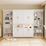 THINK 30 Full Size Murphy Bed with Dual 6-Tier Side Shelves&Dual Sliding Cabinet, Wooden Foldable Hidden Wall Bed with Large-Capacity Storage System, Space-Saving Murphy for Bedroom Study Home Office THINK 30