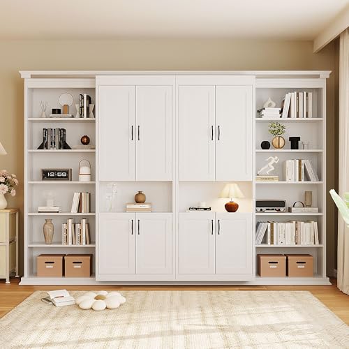 Murphy Bed with Dual Sliding Storage Cabinets, Hidden Wall Cabinet Design, Dual 6-Tier Side Shelves, Large-Capacity Space-Saving Wall Bed System for Modern Homes & Multifunctional Rooms, Full, White Merax