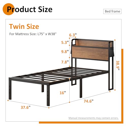 Maenizi 16 Inch Twin Bed Frames with Wood Headboard, Storage Bed Frame Twin No Box Spring Needed, Noise Free, Mahogany Maenizi