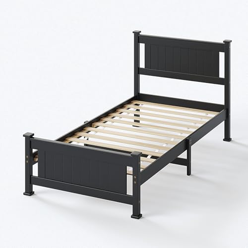 Bonnlo Twin Size Solid Wood Platform Bed Frame, Single Bed with Headboard, No Box Spring Needed Panel Bed, Wood Slat Support Mattress Foundation,Black Bonnlo