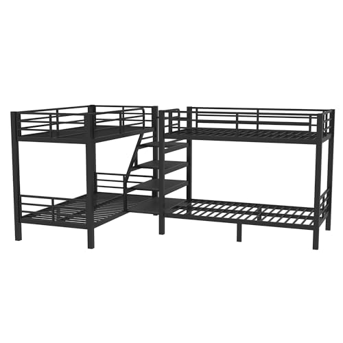 Bellemave Metal Quad Bunk Bed with Stairs for 4, L-Shaped Twin Size Quad Bunk Bed Frame,Heavy Duty Bunk Beds for Kids Teens Adults,Black Bellemave