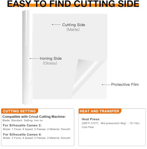 HTVRONT HTV Roll Heat Transfer Vinyl - 12" x 8ft White HTV Vinyl for Shirts, Iron on Vinyl for All Cutting Machine - Easy to Cut & Weed for Heat Transfer Design (White) HTVRONT
