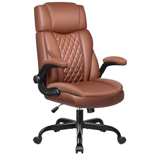 Ergonomic Executive Office Chair with Flip-Up Arms, Faux Leather Desk Chair with Lumbar Support, Adjustable Headrest Home Office Computer Gaming Chair, Comfy 360° Swivel & Rocking Function fidom