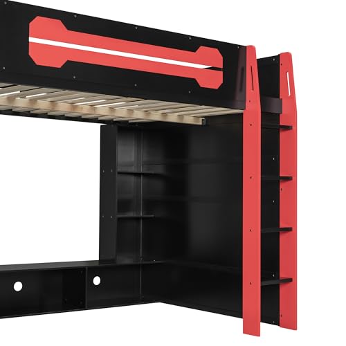 HZXINKEDZSW Full Size Wood Gaming Loft Bed with Desk, Multi-Storage Shelves and Light Strip, Modern Esports Style Bed Frame for Boys Girls Teens Bedroom Apartment Dormitory (Black+Red, Full) HZXINKEDZSW