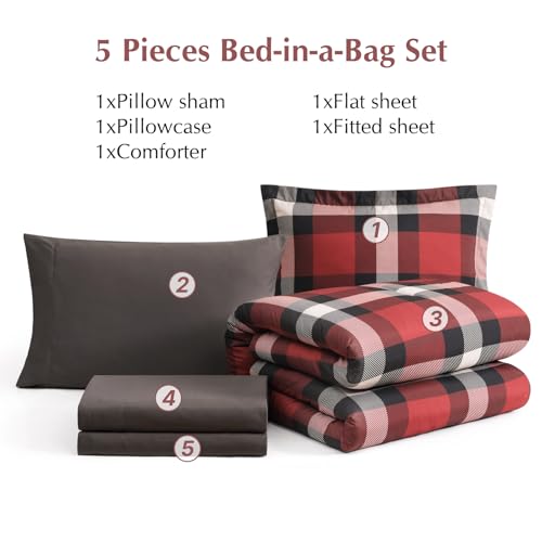 AMBERSPACE Twin XL Comforter Set, Red Plaid Bedding Set 5 Pieces for Boys Girls, Classic Checkered All Season Bed in a Bag for Dorm with Sheets, Pillowcase & Sham AMBERSPACE