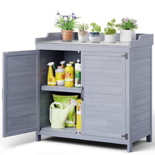 Gizoon Outdoor Potting Bench with Metal Tabletop, Outdoor Garden Patio Wooden Storage Cabinet with Adjustable Shelf, Double Doors Garden Work Bench for Backyard, Patio, Lawn - Grey Gizoon