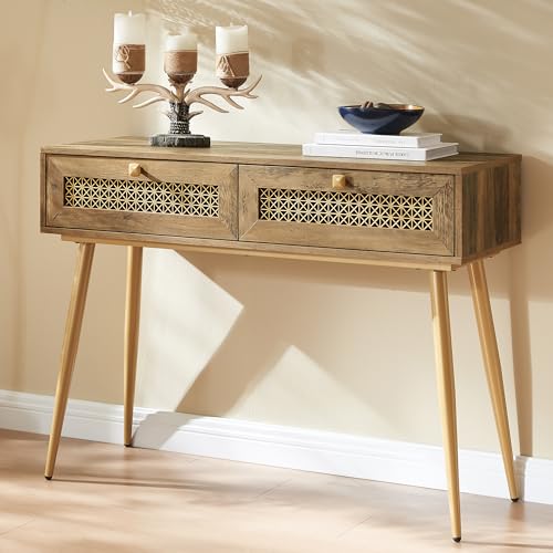 Mid Century Modern Console Table with Drawers, Narrow Sofa Table for Living Room, Entryway and Bedroom, Boho Style, Rustic Oak KACVON