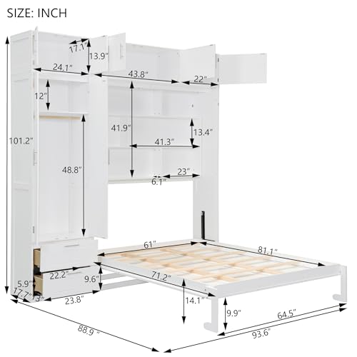 Merax Murphy Bed Queen with Wardrobe and Top Cabinet, Murphy Bed Cabinet Queen with 2 Drawers and Storage Shelves, No Box Spring Needed, White Merax