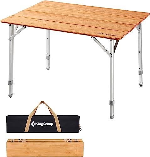 KingCamp Bamboo Folding Table Environmental Camping Table with Adjustable Height Aluminum Legs Heavy Duty 4-Folds Portable Camp Tables for Travel, Picnic, Party, Beach, 1-2 People KingCamp