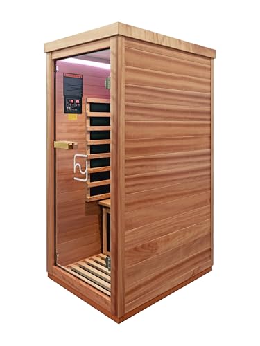 Haoyao Indoor Infrared Hemlock & Okoume 1100W 1-Person MINI Sauna with LED Lights, Bluetooth Speakers – A Gift for Parents or Friends Haoyao