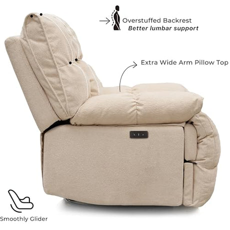 Power Glider Rocker Recliner Chair 360° Swivel Electric Lay-Flat Motion Seating Overstuffed Pillow-Top Arms Plush High Back Lumbar Support USB Charging Ports Smooth Quiet Motor (Cream White) WEALTHKING