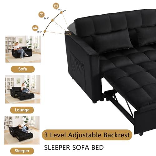 YitZanefrin 54'' 3 in 1 Convertible Sleeper Sofa Bed, Futon Couches Bed for Living Room with Side Pocket | Adjustable Backrest | Velvet Fabric | Pull Out Couch | Love Seat Sofa Black YitZanefrin