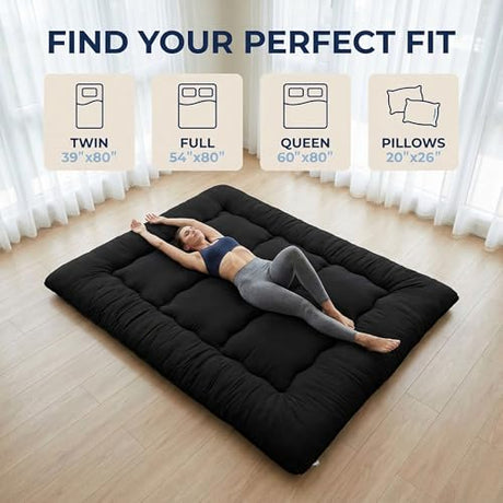 Cosovia Japanese Floor Mattress Futon Mattress, 3.5 Inch Thick Foldable Roll Up Tatami Mat with 2 Pillow Covers, Twin Size Floor Bed for Guest Room Dorm Camping Kids, Black Cosovia