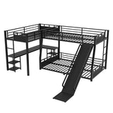 MERITLINE Full Over Full(XL) L-Shaped Metal Bunk Bed with Desk and Slide, Heavy Duty Triple Bunk Bed with Storage Shelves, L-Shaped Bunk Bed for Teens Adults, Space Saving and Quiet Design, Black MERITLINE