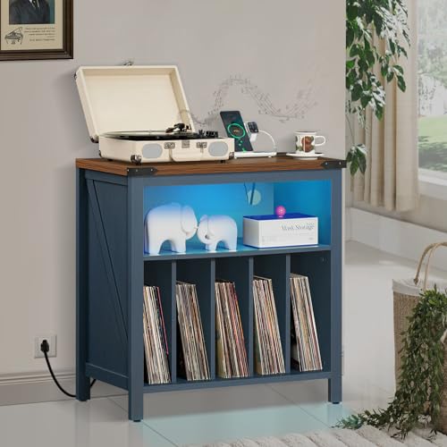 Joaxswe Large Record Player Stand with Charging Station & LED Lights, Vinyl Records Storage Holder Cabinet Holds up to 230 Albums, Turntable Stand for Music Room, Bedroom, Living Room, Office (Blue) Joaxswe