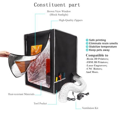 3D Printer Enclosure with Ventilation, Fire Resistant Fabric Dark Window Stainless Steel Frame, Compatible with Anycubic Photon Mono, Elegoo Saturn/Mars 3/4 & Creality Halot Series Resin 3D P - WoodArtSupply