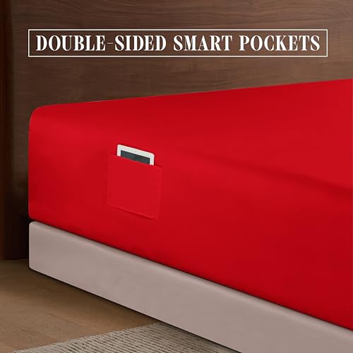 Elegant Comfort 1500 Premium Hotel Quality 18-24 Inches Deep - Extra Deep Pocket Single Fitted Sheet for High Mattress, Luxury and Softest, Smart Pocket - Wrinkle Free, Queen, Red Elegant Comfort