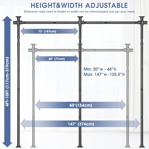 AKTOP Room Divider, No Drilling Curtain Tension Rods Wall Divider for Room Separation, 4-10ft(H) 30-147"(W) Adjustable, Heavy Duty Floor to Ceiling Space Separator Privacy Dividers for Rooms, Black AKTOP