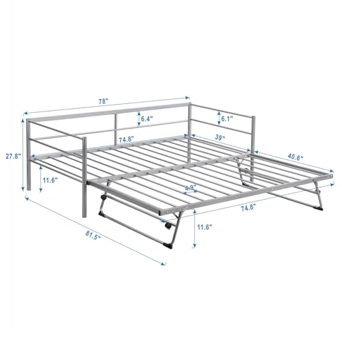 Nahenduo Twin Size Daybed with Pop up Trundle & Adjustable LED Lights, Futon Frame Bed, Metal Sofa Bed Frame for Living Room Bedroom Guest Room, Small Space, No Box Spring Needed (Sliver) Nahenduo