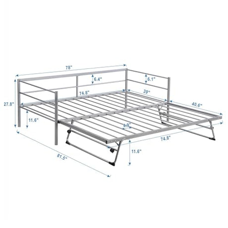 Nahenduo Twin Size Daybed with Pop up Trundle & Adjustable LED Lights, Futon Frame Bed, Metal Sofa Bed Frame for Living Room Bedroom Guest Room, Small Space, No Box Spring Needed (Sliver) Nahenduo