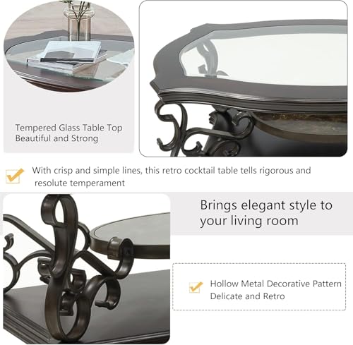 3 Piece Living Room Table Set,Glass Coffee Table with End Table Console Table,Coffee Table Set with Glass Top and Metal Frame for Home Office, Faux Marble Shelf Retro Centre Table and End Table Set Henf