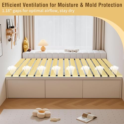 Japanese Tatami Mat Floor Bed, Knotless Solid Wood, Roll-Up Slatted Bed Plate with 2 Storage Straps, Moisture-Proof and Breathable for Floor Sleeping or Futon Mattress, Queen FHNI