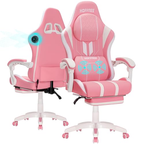 HOFFREE Pink Gaming Chair Massage with Speakers Bluetooth Cute Video Game Chair with Footrest Big and Tall Reclining Computer Game Chair for Girls HOFFREE