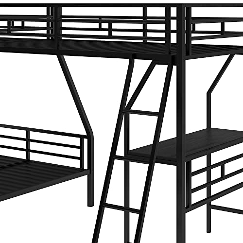 HZSSDTKJ Twin Over Full Size L-Shaped Bunk Bed with Built-in Desk and Sloping Ladder,Metal Twin Size Loft Bed with Headboard and Footboard for Kids Teen Girls Boys Adults Bedroom Furniture (Black) HZSSDTKJ