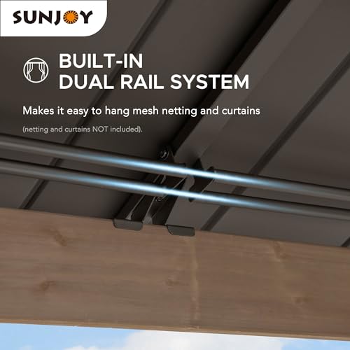 Sunjoy 13 x 15 ft. Wood Gazebo, Outdoor Patio Steel Hardtop Gazebo, Cedar Framed Wooden Gazebo with 2-Tier Metal Roof, Suitable for Patios, Lawn and Backyard, Dark Brown Roof + Dark Wood Frame Sunjoy