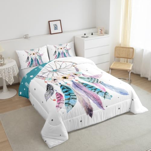 Dream Catcher Comforter Set Twin,Boho Chic Dreamcatcher Feather Bedding Set Watercolor Bohemian Flower Quilt Comforter For Kids Girls Teen Women,Native American Indian Duvet Set 2 Pcs Teal White Erosebridal