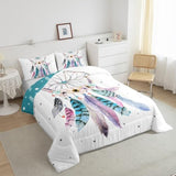 Dream Catcher Comforter Set Twin,Boho Chic Dreamcatcher Feather Bedding Set Watercolor Bohemian Flower Quilt Comforter For Kids Girls Teen Women,Native American Indian Duvet Set 2 Pcs Teal White Erosebridal