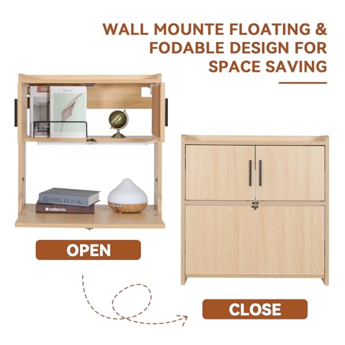 ARTETHYS Wall Mounted Desk with LED Light Multifunctional Fold Down Laptop Computer Table Writing Workstation with Storage Compartments Space Saving for Home Office Wood Color ARTETHYS