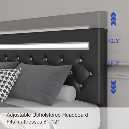 Benevika King Size Upholstered Bed Frame with LED Lights and Charging Station - WoodArtSupply