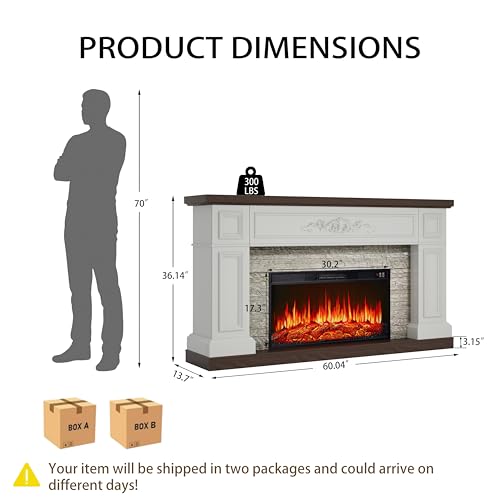 BLANKSPACE 60" Landscape Electric Fireplace with Mantel, Solid Wood Modern Entertainment Center TV Stand, Replaceable 30" Fireplace Insert Heater, for Living Room, Bedroom BLANKSPACE