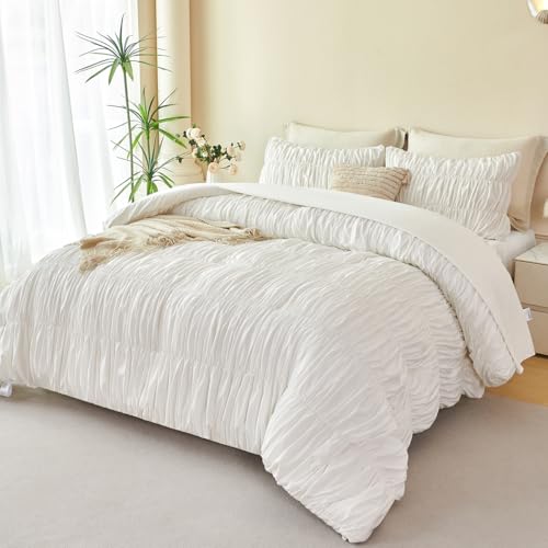 PERFEMET White Bedding Queen Size Set, 5 Pieces Fluffy Ruched Comforter (90"x90"), Luxury Soft Boho Chic Ruffled Bed in a Bag with Sheet, All Season Farmhouse Pleated Texture Bed Sets(White, Queen) PERFEMET