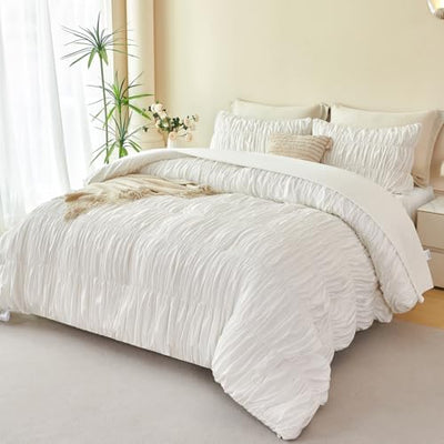 PERFEMET White Bedding Twin Size Set, 5 Pieces Fluffy Ruched Comforter Set, Luxury Soft Boho Chic Ruffled Bed in a Bag with Sheet, All Season Farmhouse Pleated Texture Bed Sets(White, Twin)