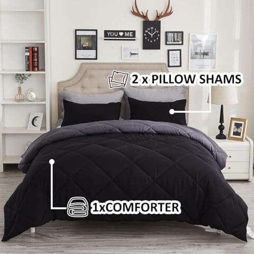 Wamsound Twin Comforter Set Black - 3 Pieces Luxury Soft and Lightweight Down Alternative Bedding Set Fluffy Blanket Quilt for All Season 1 Comforter(68"×86") & 1 Pillow Sham(20"×26") Wamsound