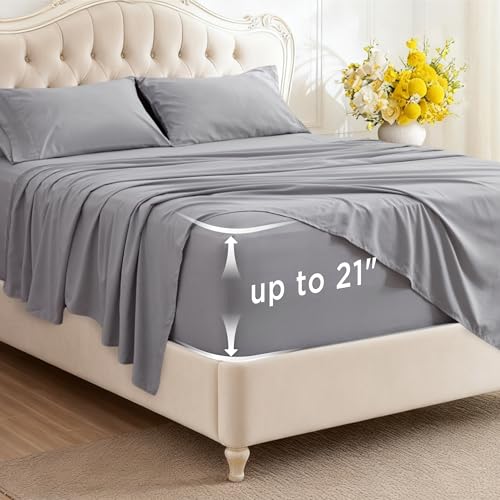 Bedsure Deep Pocket Twin Sheets Set - Fits Mattresses Up to 21 Inches Thick -3 Piece GentleSoft Bed Sheets, Moisture Wicking, Soft & Cooling Bedsheet & Pillowcases, Easy & Secure Fit, Light Grey Bedsure